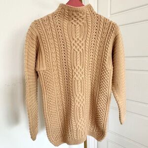 100% Wool Fisherman Hand Knit Mock Neck Tan Sweater S Coastal Cottage Academia
